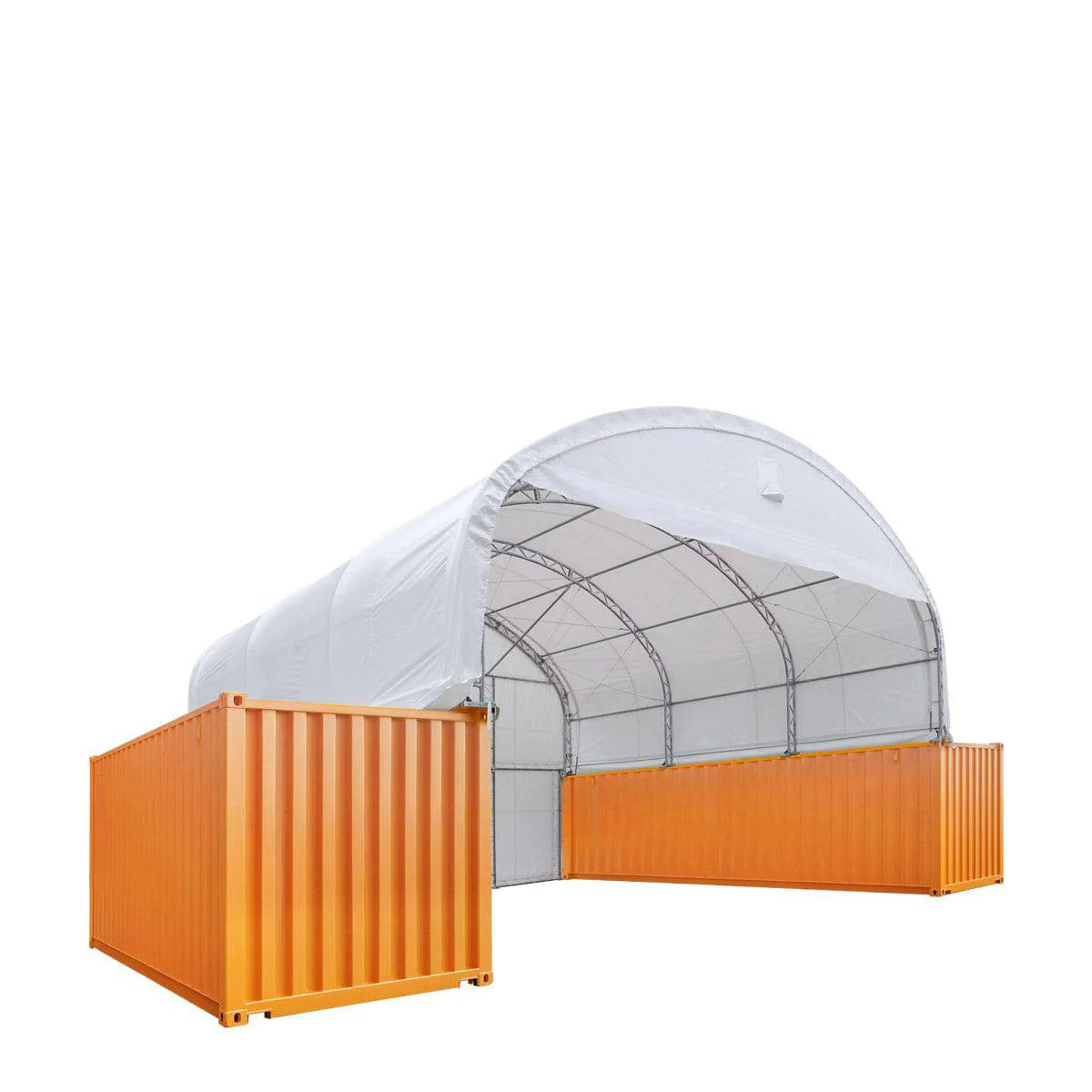 New 30' x 20' Dual Truss Container Shelter with Heavy Duty 17 oz PVC Cover, Enclosed End Wall & Front Drop