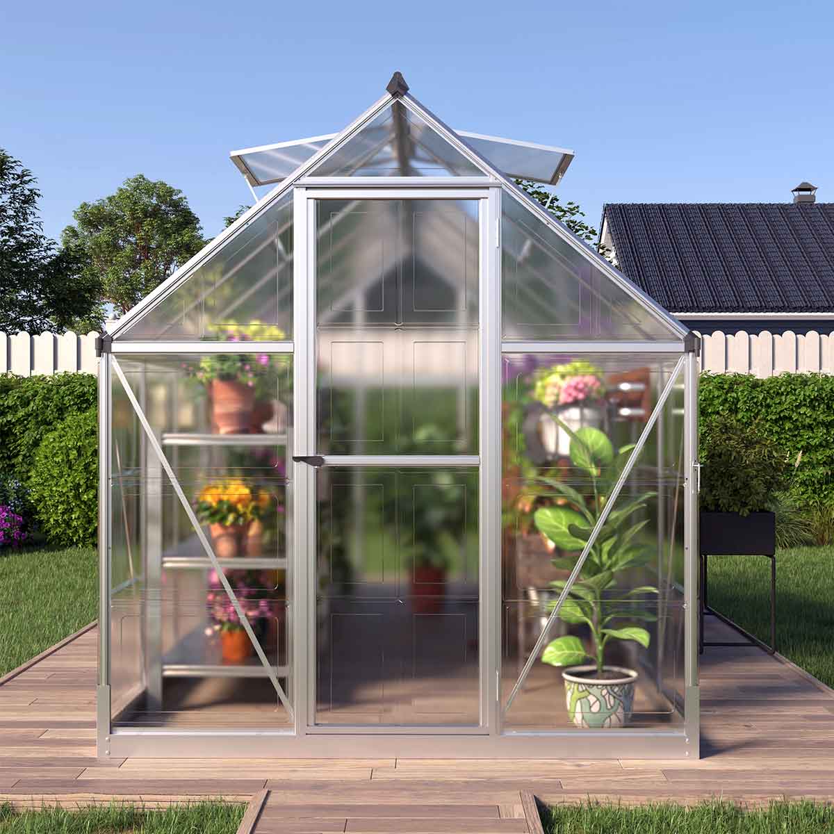 New 6’ x 12’ Crystal Clear Greenhouse, Aluminum Frame, Integrated Gutter System, Roof Vents