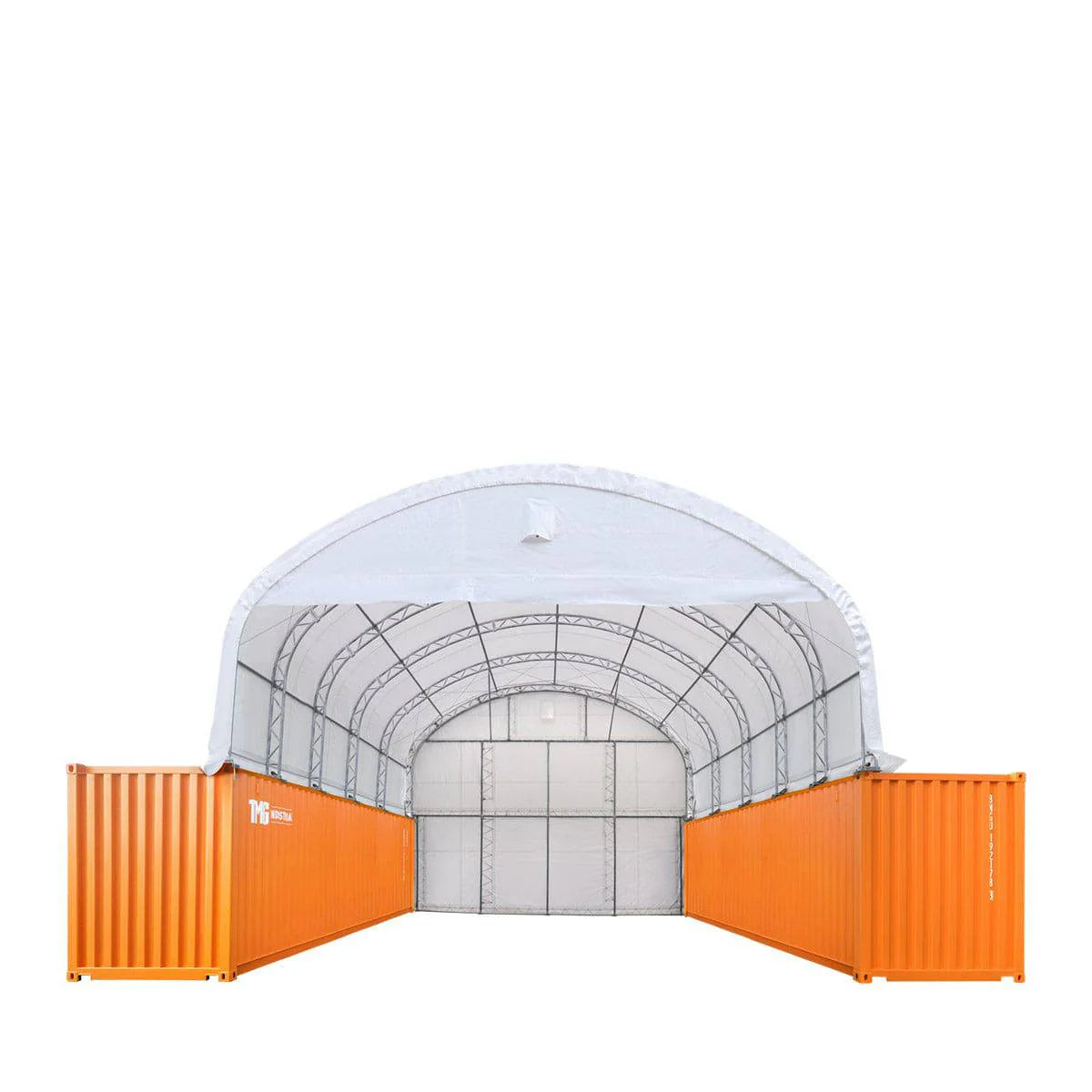 New 30' x 40' Dual Truss Container Shelter with Heavy Duty 17 oz PVC Cover, Enclosed End Wall & Front Drop