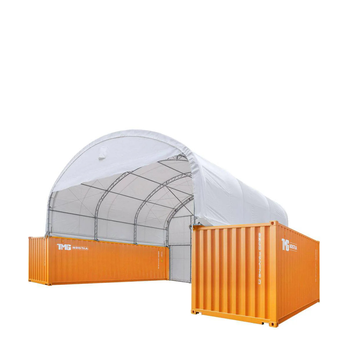 New 30' x 20' Dual Truss Container Shelter with Heavy Duty 17 oz PVC Cover, Enclosed End Wall & Front Drop