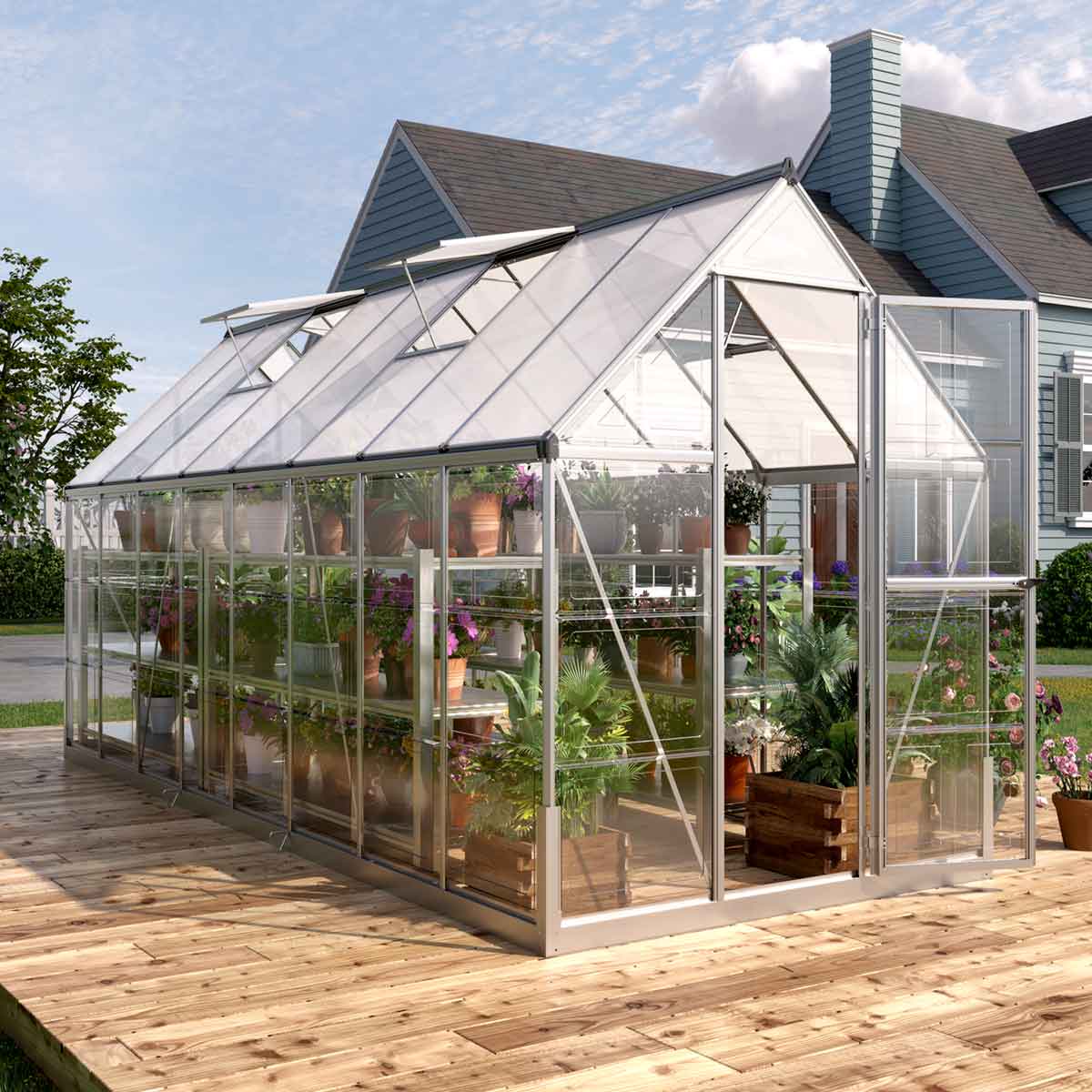 New 6’ x 16’ Crystal Clear Greenhouse, Aluminum Frame, Integrated Gutter System, Roof Vents