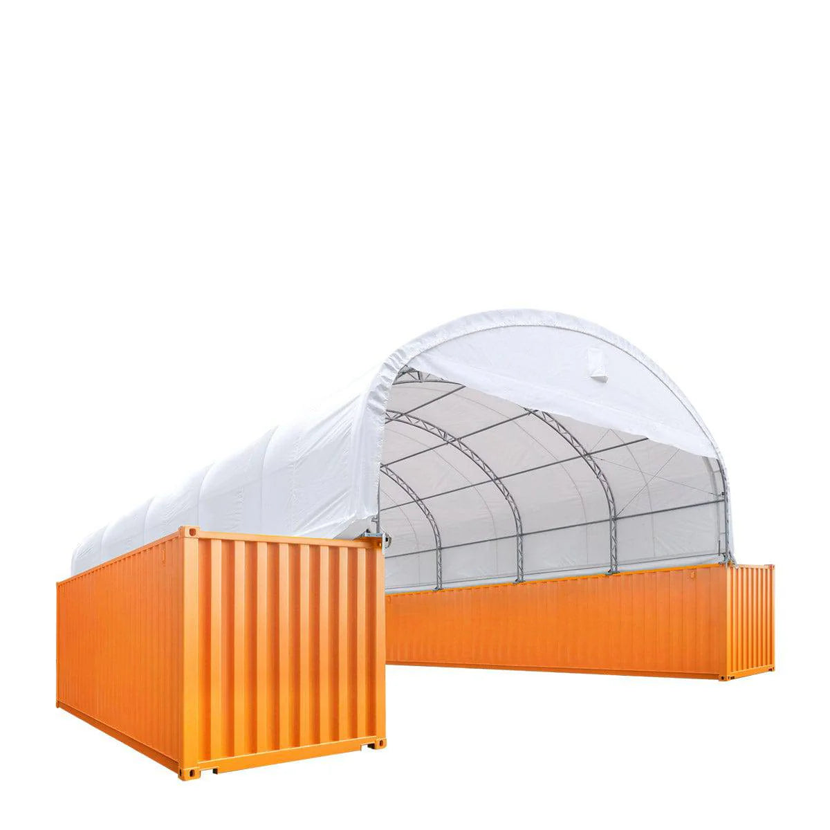New 30' x 40' Dual Truss Container Shelter with Heavy Duty 17 oz PVC Cover, Enclosed End Wall & Front Drop