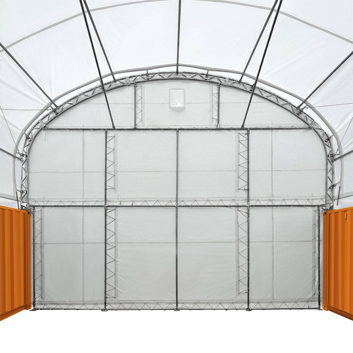 New 30' x 20' Dual Truss Container Shelter with Heavy Duty 17 oz PVC Cover, Enclosed End Wall & Front Drop