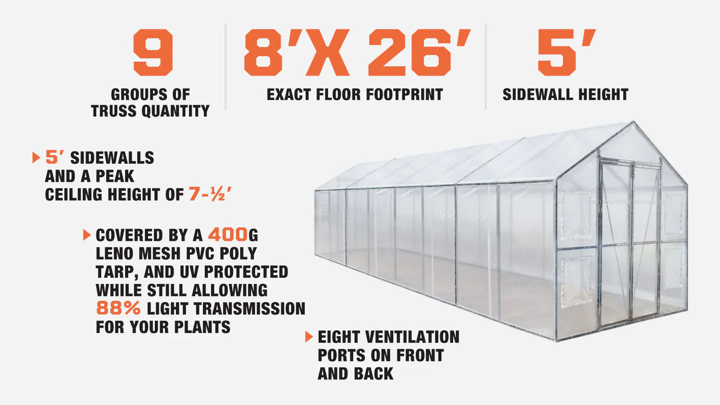 New 8’ x 26’ Greenhouse Grow Tent w/20 Mil Ripstop Leno Mesh PVC Cover, Galvanized Steel Frame, Roll-up Windows