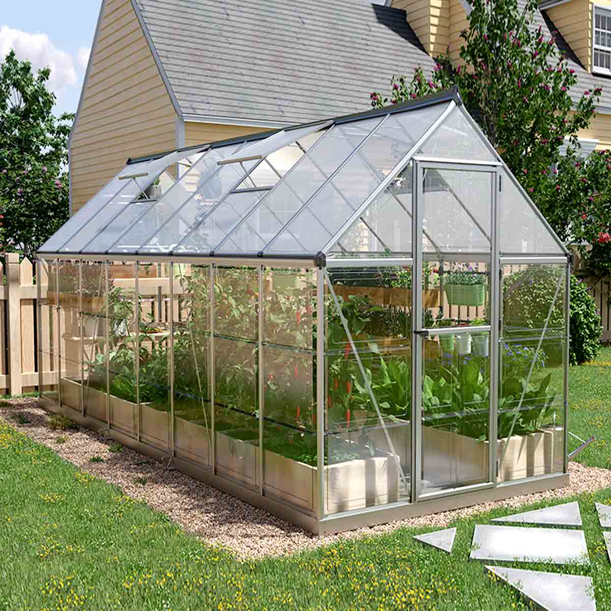 New 6’ x 16’ Crystal Clear Greenhouse, Aluminum Frame, Integrated Gutter System, Roof Vents