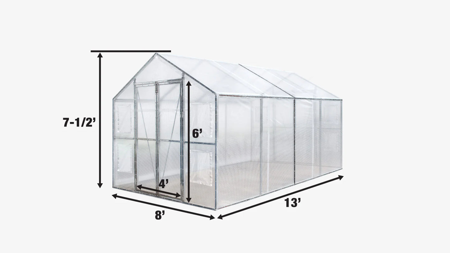 New 8’ x 13’ Greenhouse Grow Tent w/20 Mil Ripstop Leno Mesh PVC Cover, Galvanized Steel Frame, Roll-up Windows