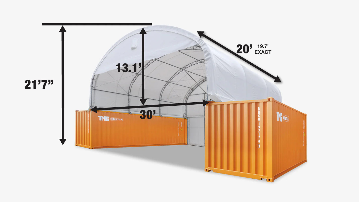 New 30' x 20' Dual Truss Container Shelter with Heavy Duty 17 oz PVC Cover, Enclosed End Wall & Front Drop
