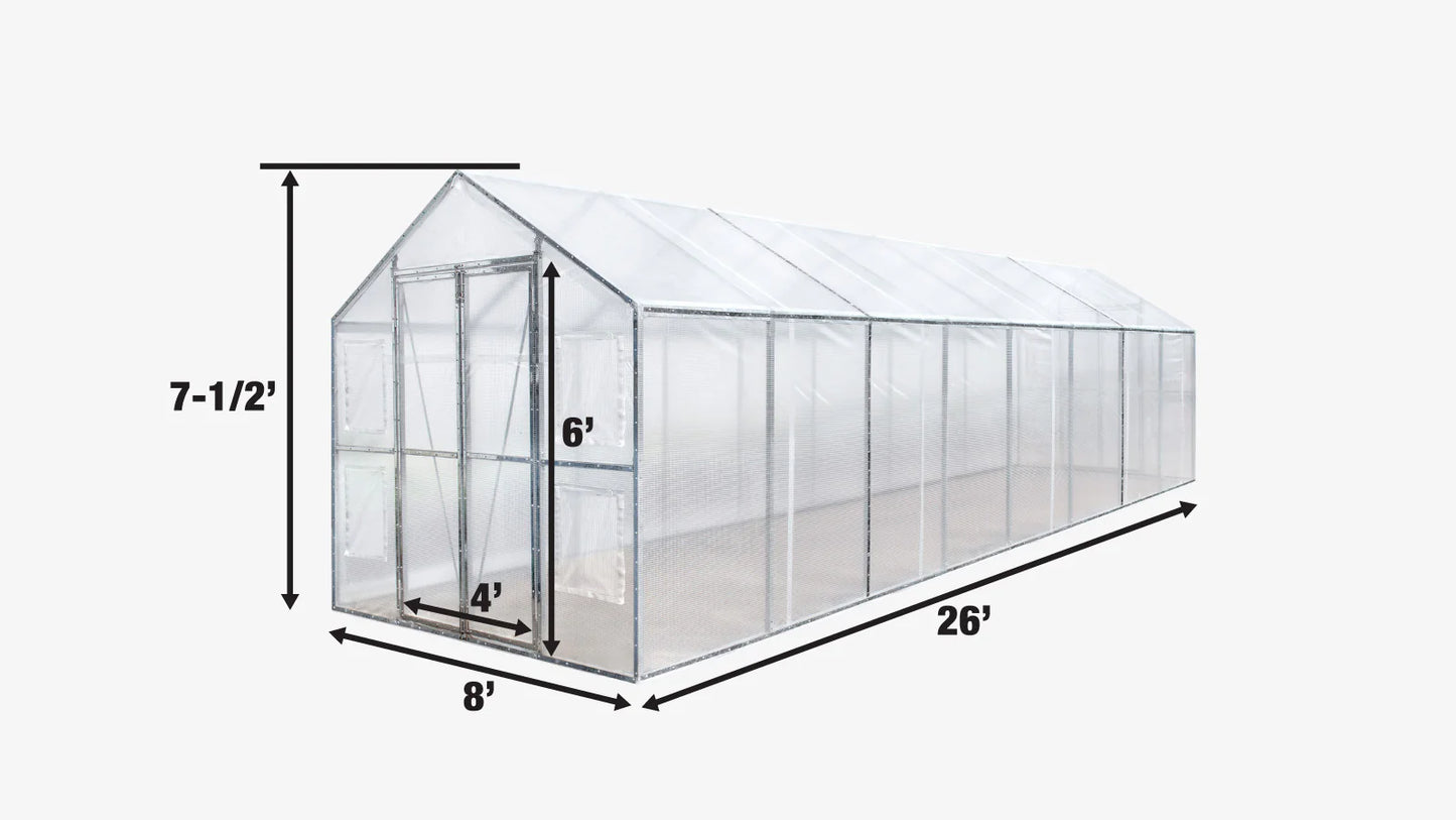 New 8’ x 26’ Greenhouse Grow Tent w/20 Mil Ripstop Leno Mesh PVC Cover, Galvanized Steel Frame, Roll-up Windows