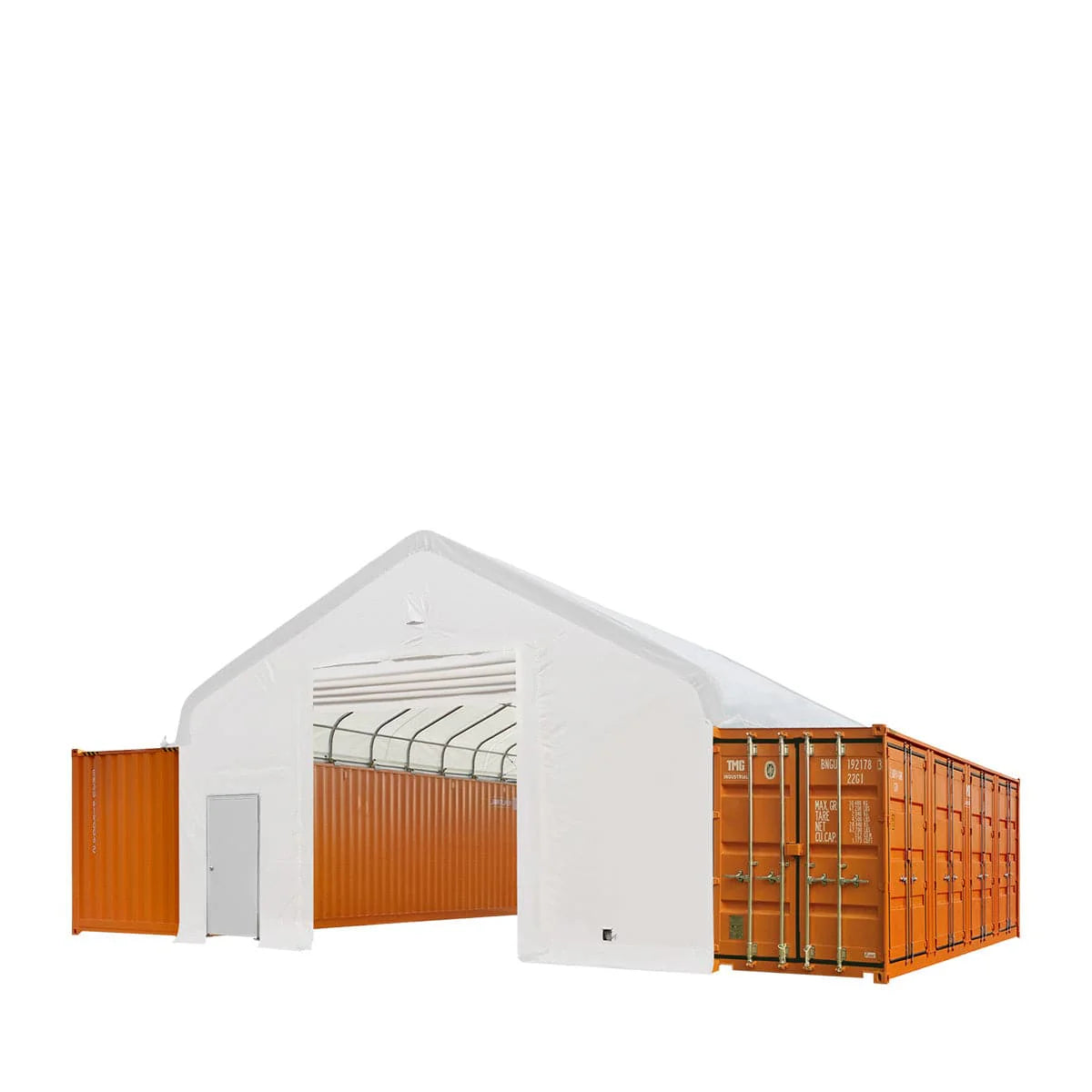 New 30' x 40' Container Peak Roof Shelter Pro Series with Heavy Duty 17 oz PVC Cover, Fully Enclosed front and back endwalls