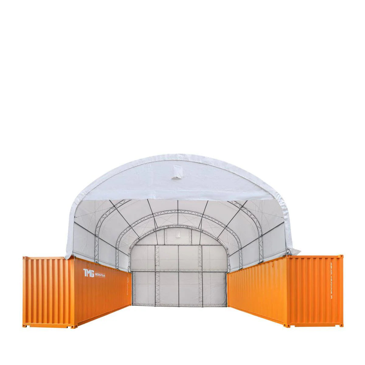 New 30' x 20' Dual Truss Container Shelter with Heavy Duty 17 oz PVC Cover, Enclosed End Wall & Front Drop