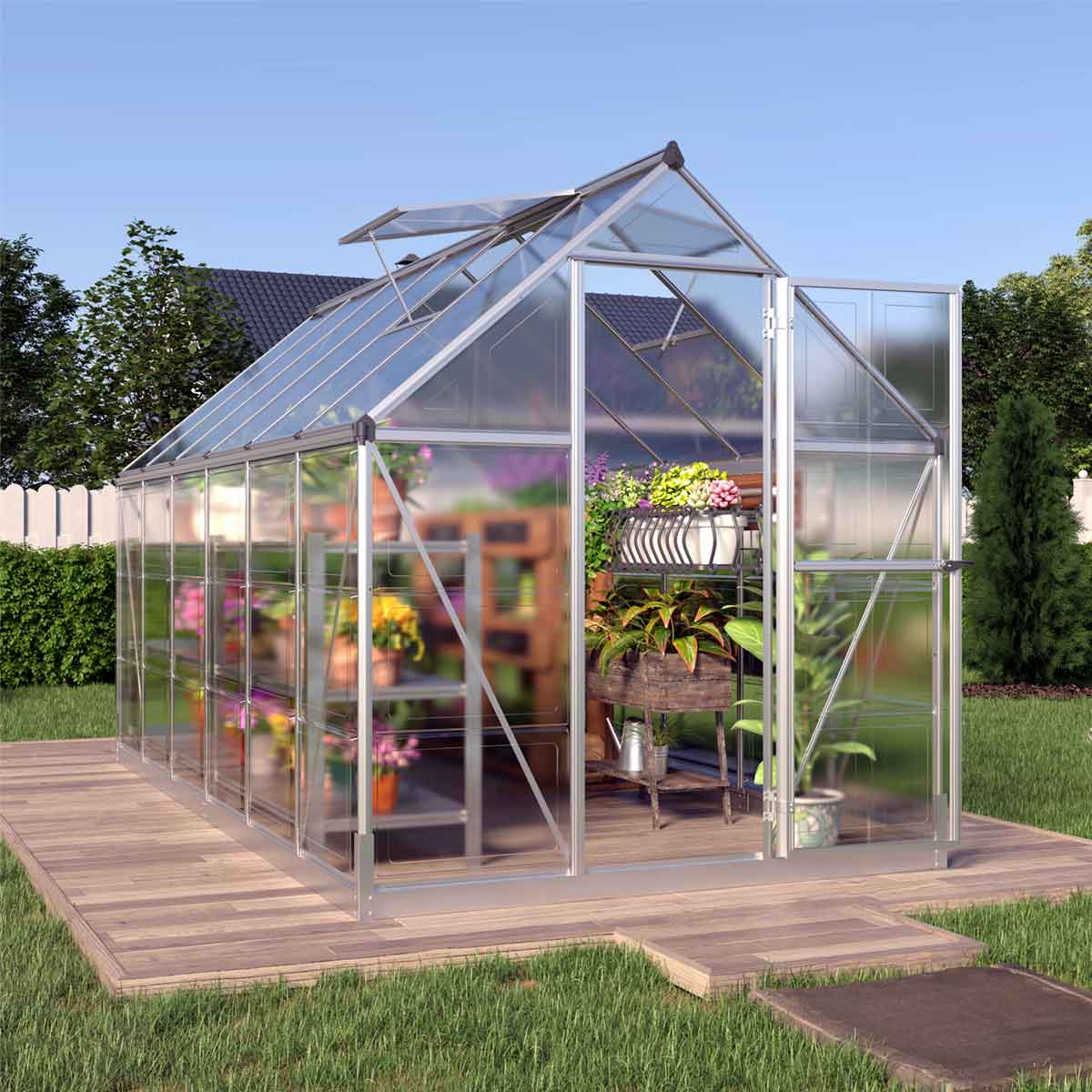 New 6’ x 12’ Crystal Clear Greenhouse, Aluminum Frame, Integrated Gutter System, Roof Vents