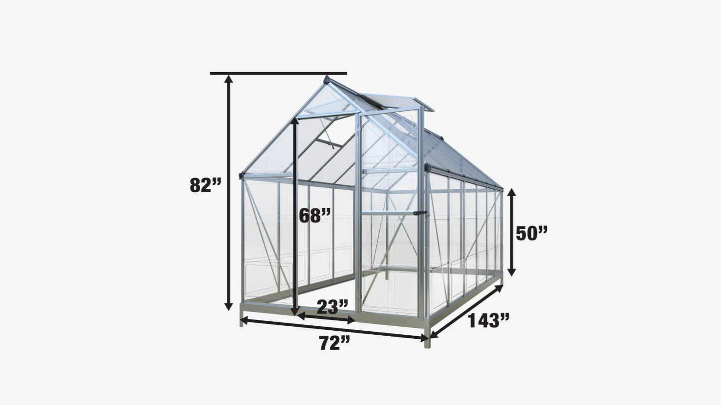 New 6’ x 12’ Crystal Clear Greenhouse, Aluminum Frame, Integrated Gutter System, Roof Vents