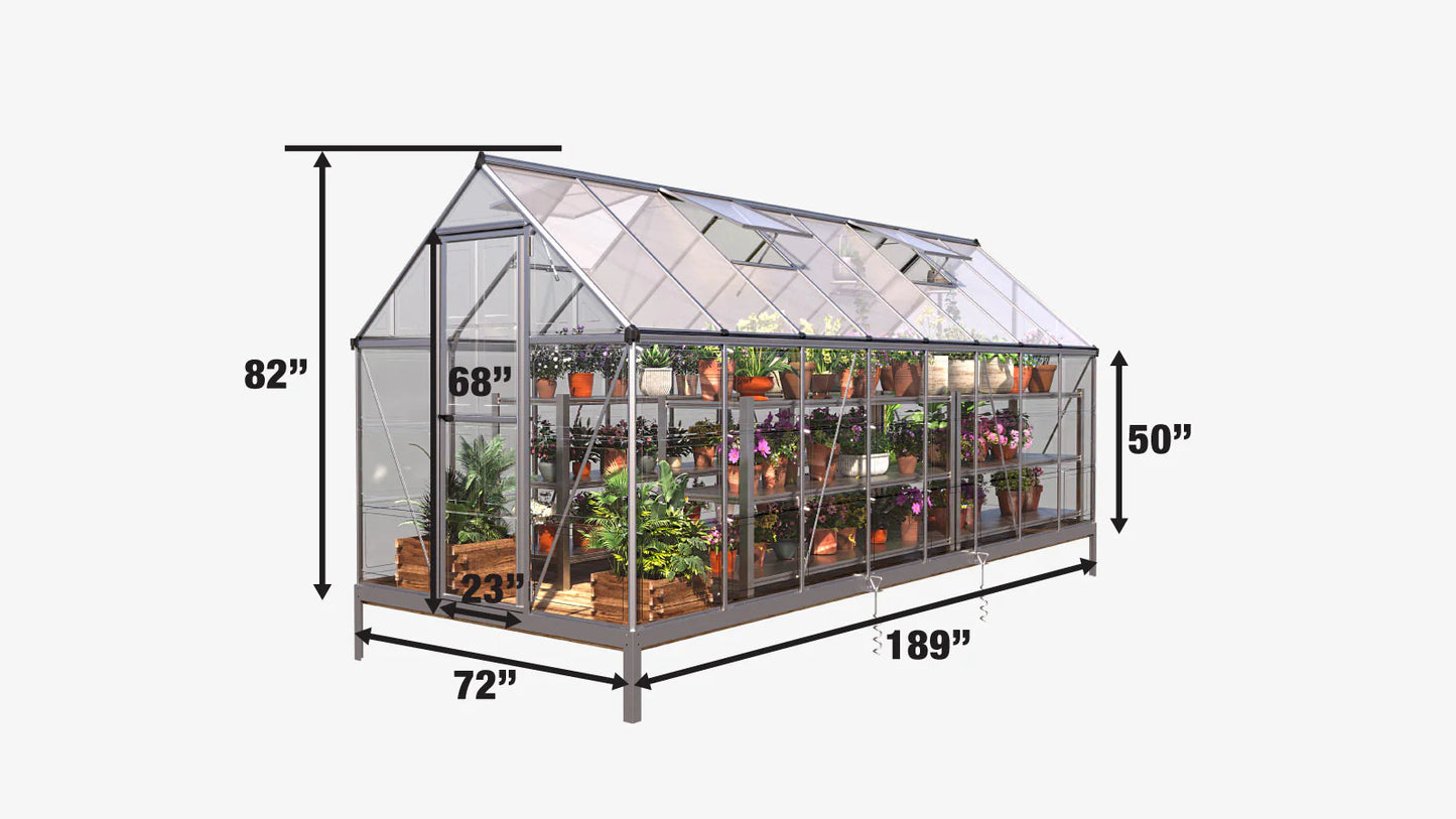 New 6’ x 16’ Crystal Clear Greenhouse, Aluminum Frame, Integrated Gutter System, Roof Vents