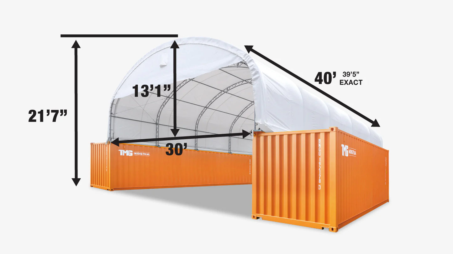 New 30' x 40' Dual Truss Container Shelter with Heavy Duty 17 oz PVC Cover, Enclosed End Wall & Front Drop