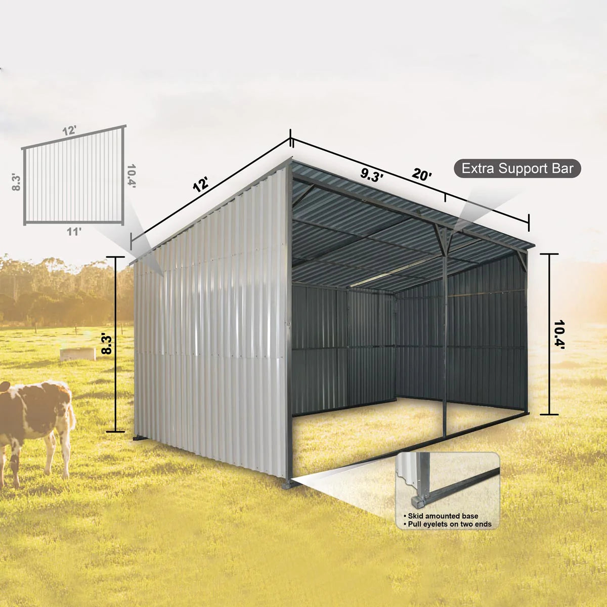 New 12’ x 20’ Galvanized Metal Livestock Shed, 240 Sq-Ft, 27 GA Corrugated Panels, Sliding Skid Mount