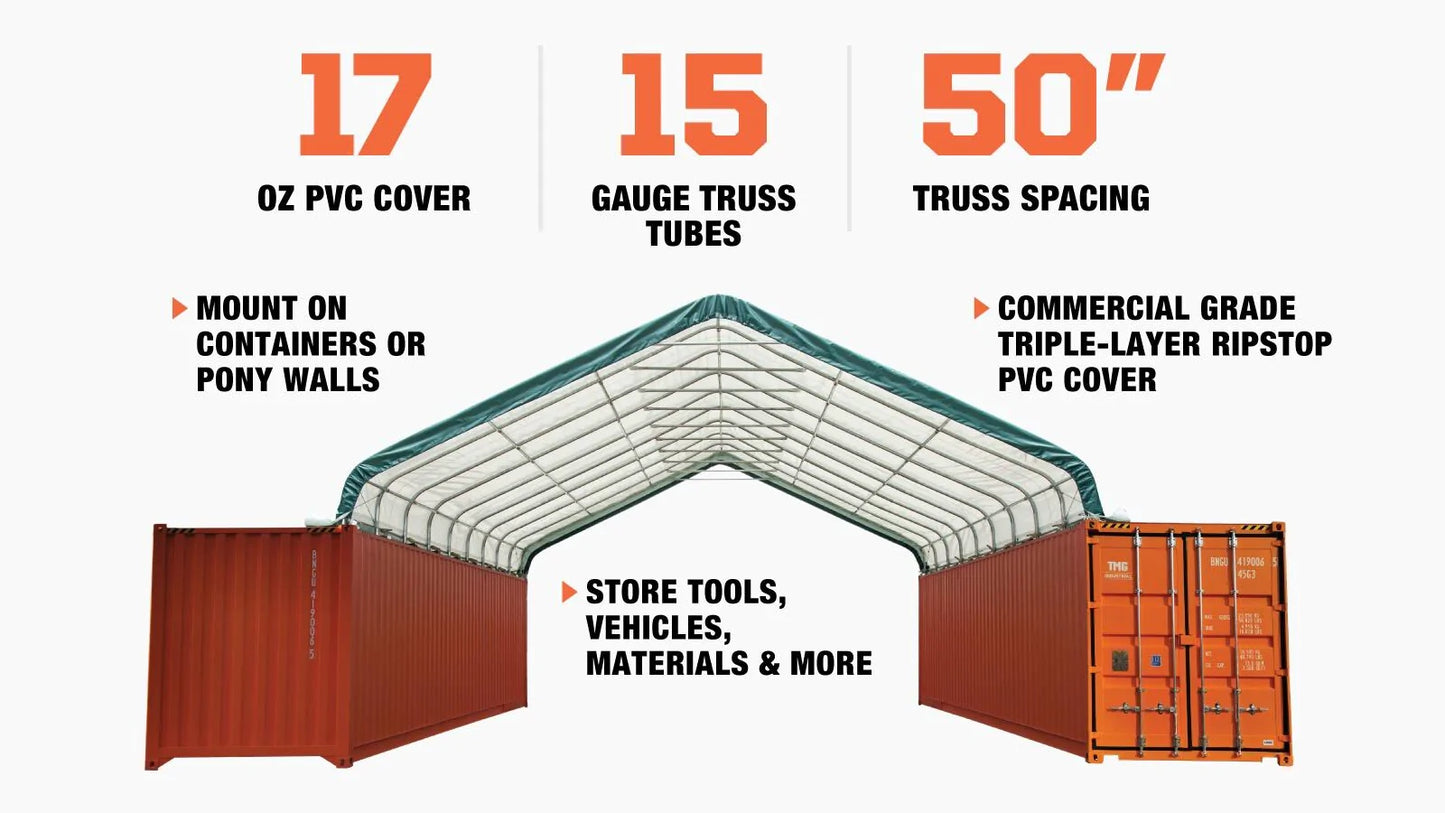 New 30' x 40' PVC Fabric Container Peak Roof Shelter Pro Series, Fire Retardant, Water Resistant, UV Protected