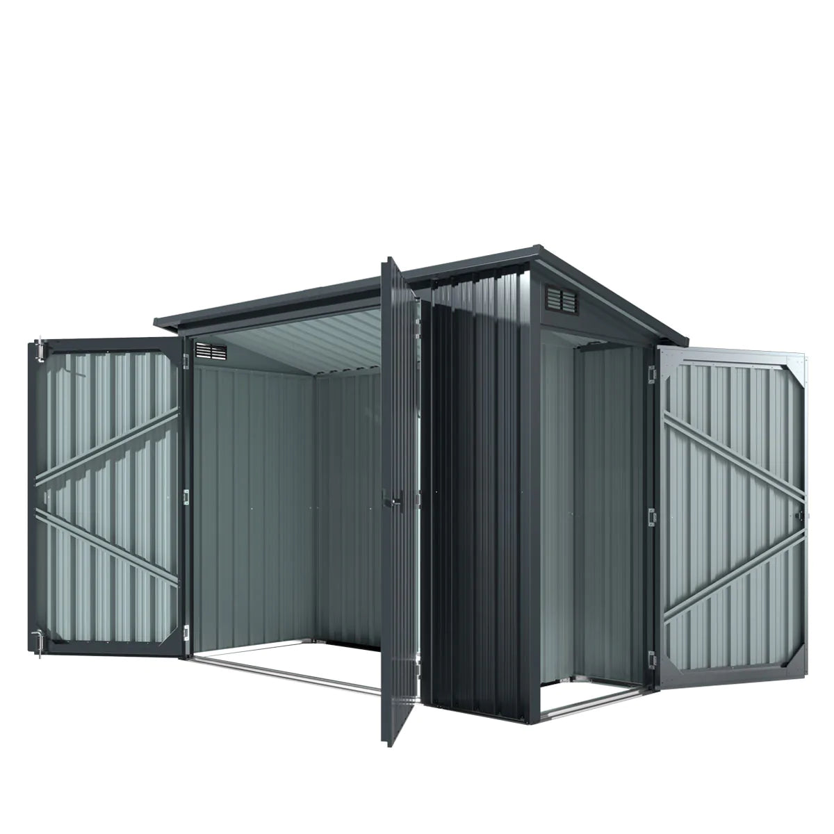 New 4’ x 8’ Bicycle Metal Pent Shed, 29 Gauge Corrugated Metal, 70” Upper edge