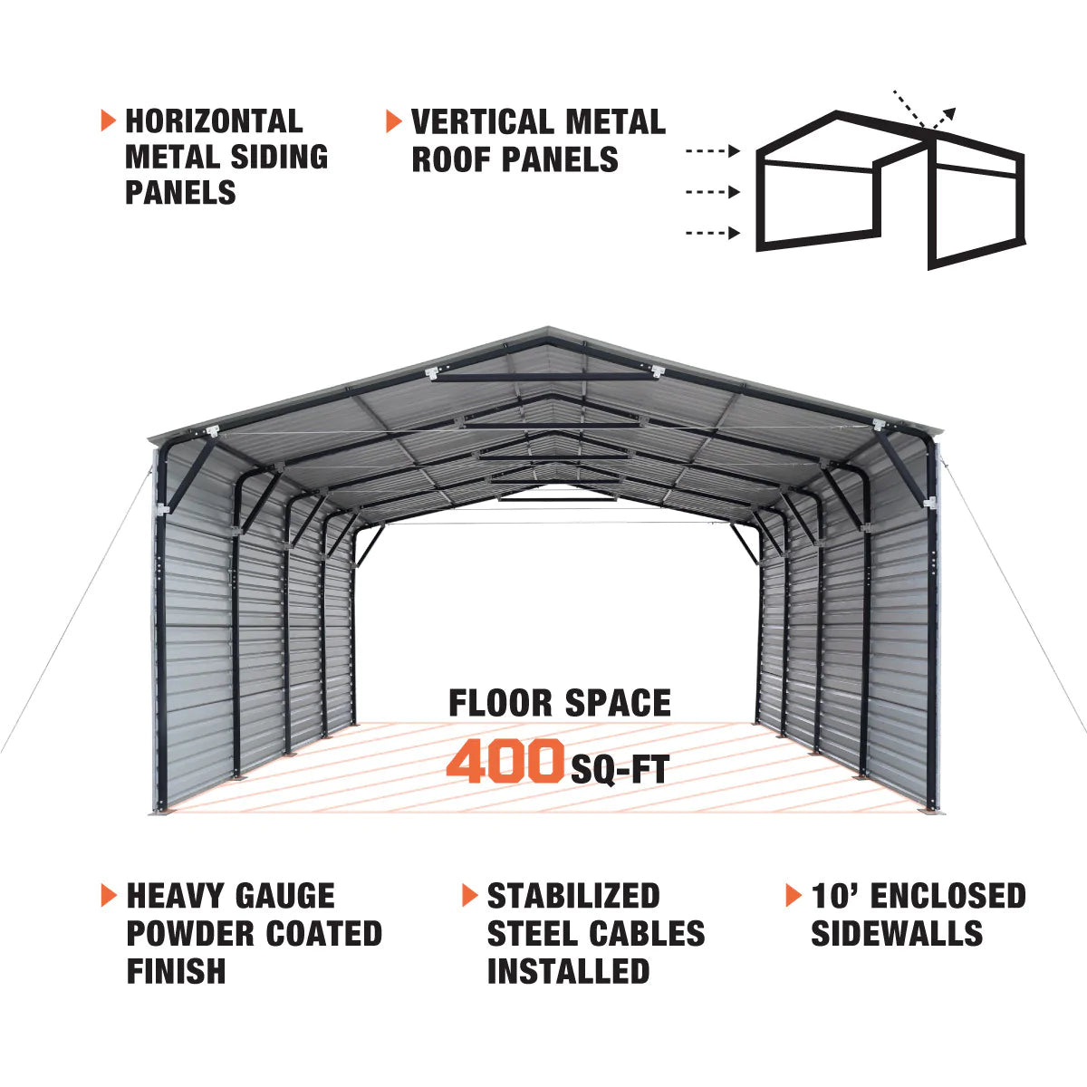 New 20’ x 30’ Metal Shed Carport, 10’ Enclosed Sidewalls, 600 Sq-Ft, 27 GA Corrugated Panels