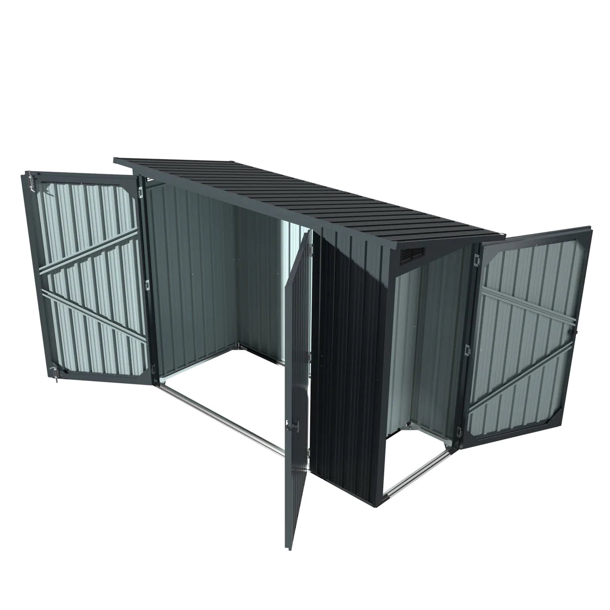 New 4’ x 8’ Bicycle Metal Pent Shed, 29 Gauge Corrugated Metal, 70” Upper edge