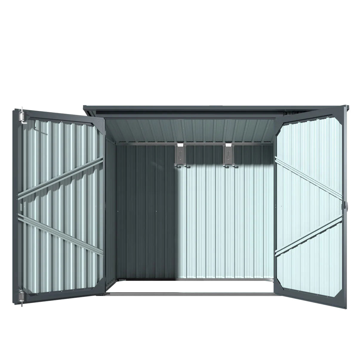New 4’ x 8’ Bicycle Metal Pent Shed, 29 Gauge Corrugated Metal, 70” Upper edge