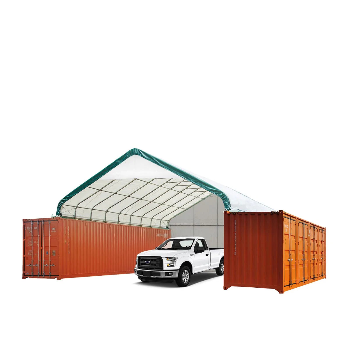 New 30' x 40' PVC Fabric Container Peak Roof Shelter with End Wall & Partial Front Drop Pro Series, Fire Retardant, Water Resistant, UV Protected