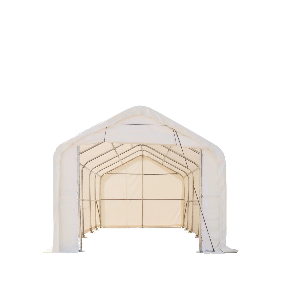New 15’ x 25’ RV/Motorhome Storage Shelter, 17 oz PVC Fabric Cover, Front Roll-Up Door, Enclosed Rear Wall, 3-Layer Galvanized Steel Frame, 10’ Straight Sidewalls