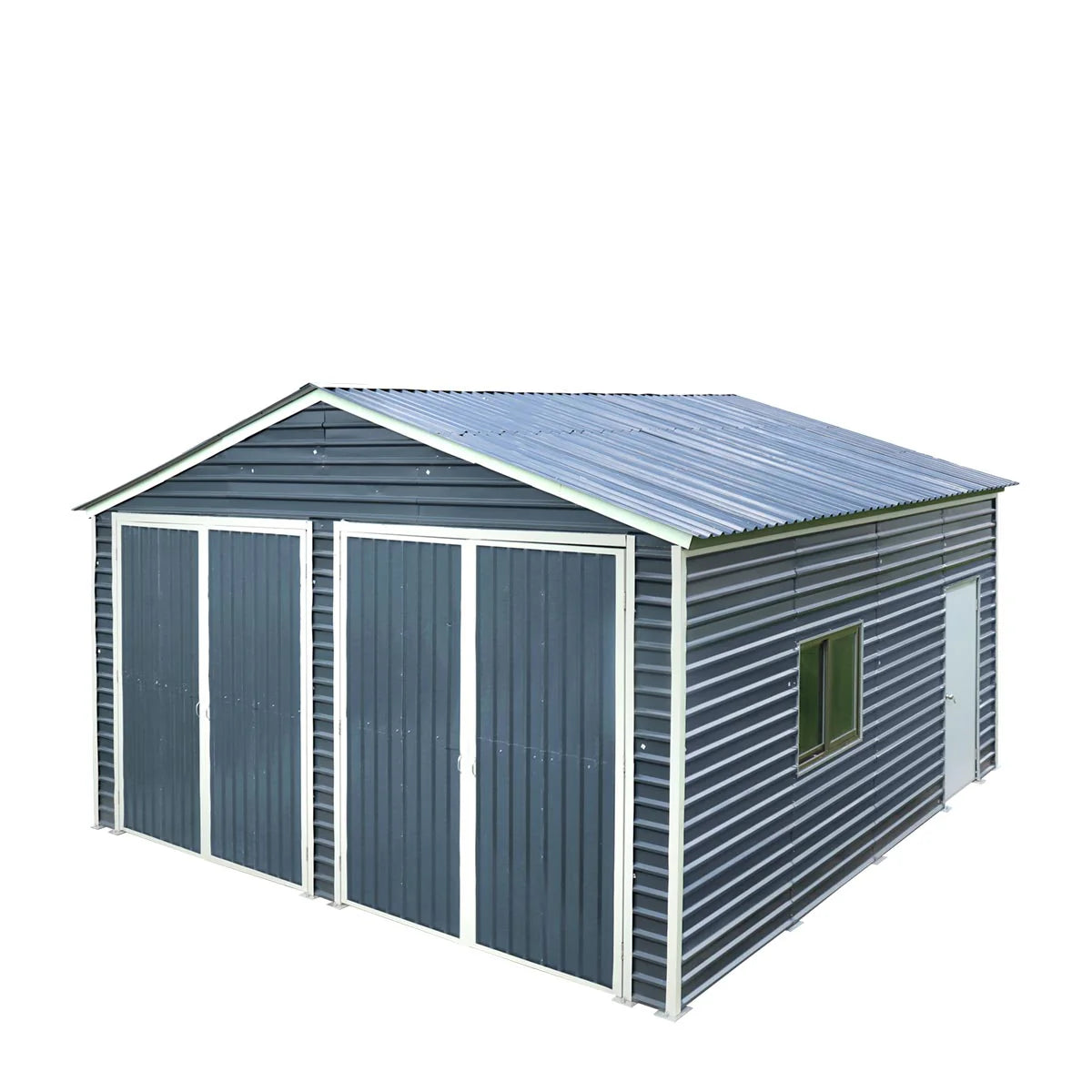 New 20’ x 20’ Metal Garage Shed with 9' High Double Front Doors, 13' Peak Height, Side Entry Door, 400 Sq-Ft Floor Space