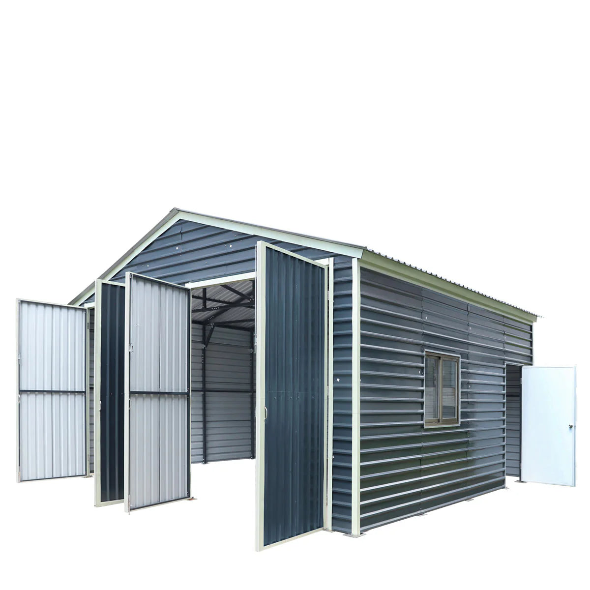 New 20’ x 20’ Metal Garage Shed with 9' High Double Front Doors, 13' Peak Height, Side Entry Door, 400 Sq-Ft Floor Space