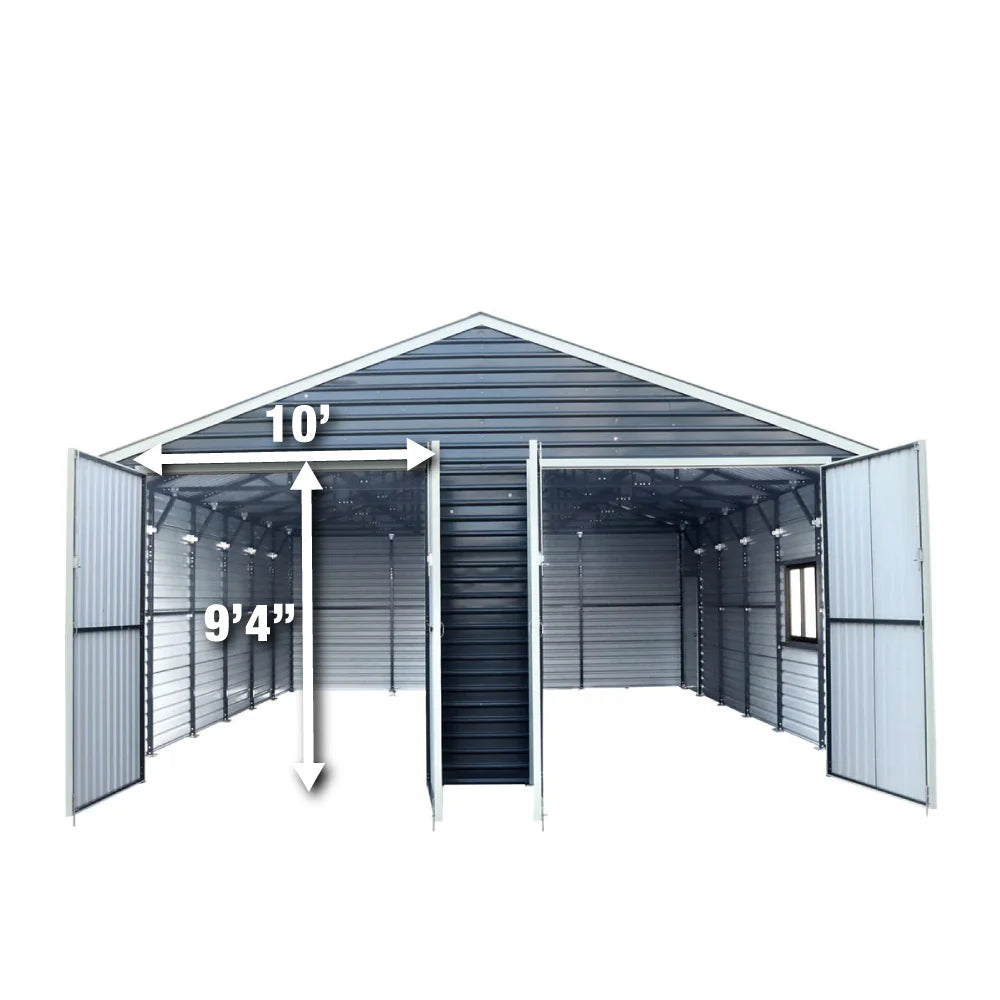 New 26’ x 30’ Metal Garage Shed with 9’ High Double Front Doors, 14’ Peak Height, Side Entry Door, 780 Sq-Ft Floor Space