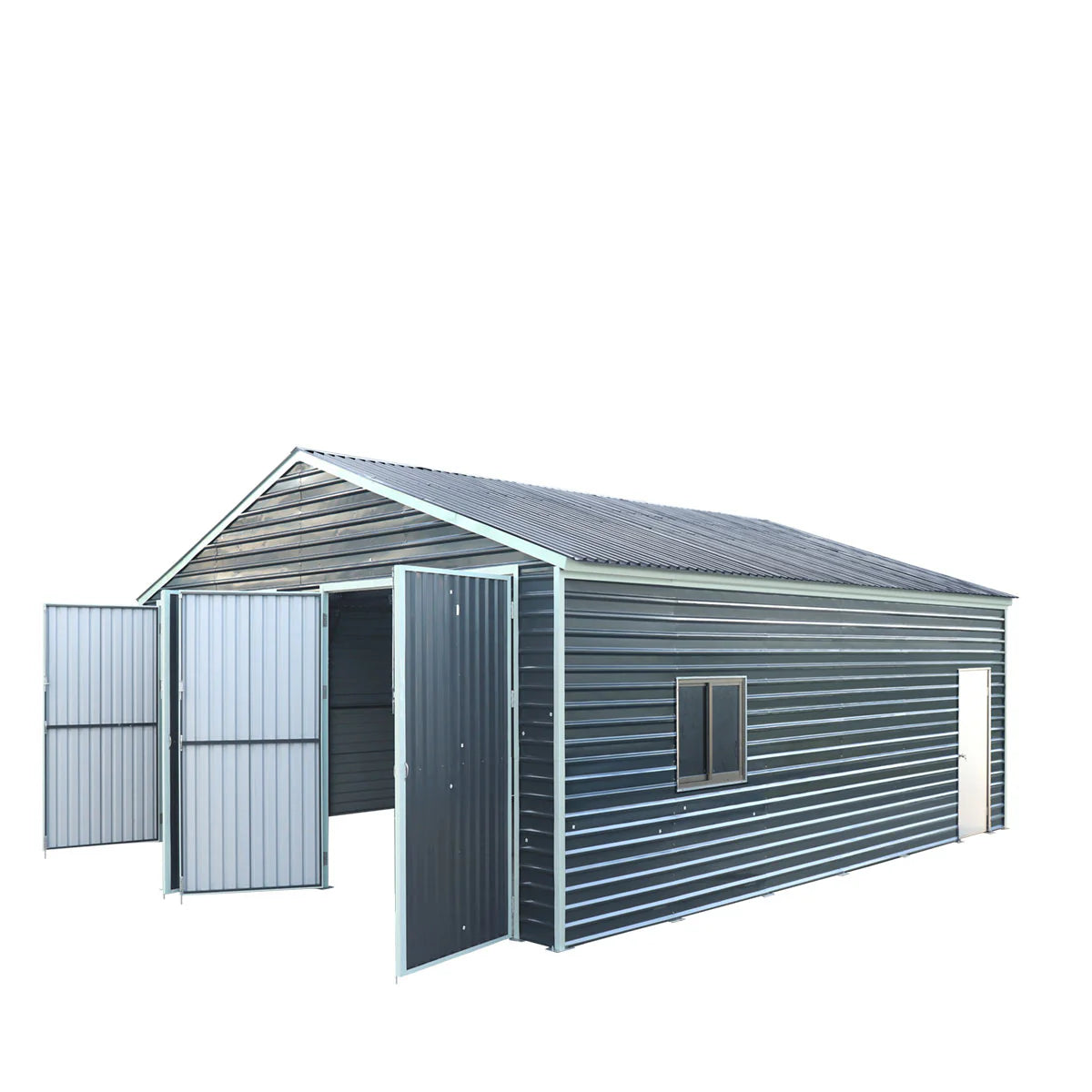 New 26’ x 30’ Metal Garage Shed with 9’ High Double Front Doors, 14’ Peak Height, Side Entry Door, 780 Sq-Ft Floor Space