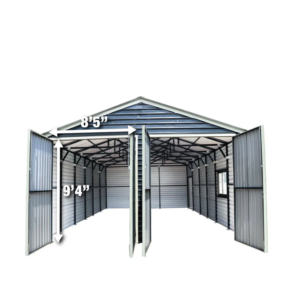 New 20’ x 30’ Metal Garage Shed with 9' High Double Front Doors, 13’ Peak Height, Side Entry Door, 600 Sq-Ft Floor Space