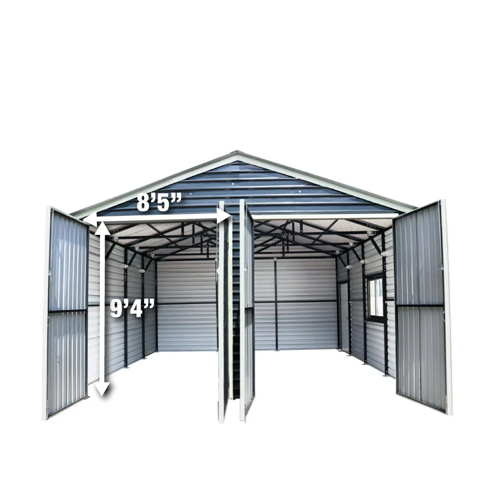 New 20’ x 20’ Metal Garage Shed with 9' High Double Front Doors, 13' Peak Height, Side Entry Door, 400 Sq-Ft Floor Space