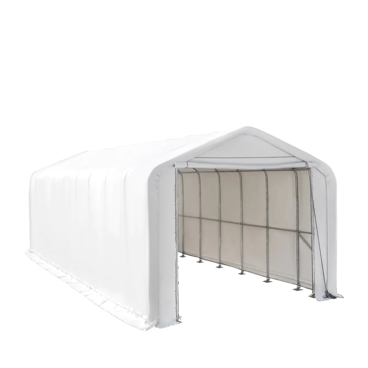 New 18’ x 45’ RV/Motorhome Storage Shelter, 17 oz PVC Fabric Cover, Front Roll-Up Door, Enclosed Rear Wall, 3-Layer Galvanized Steel Frame, 13’ Straight Sidewalls