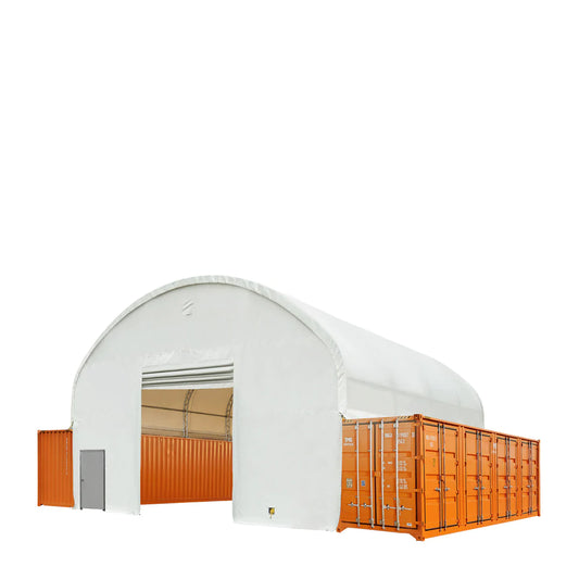 New 40' x 40' Dual Truss Container Shelter with Heavy Duty 21 oz PVC Cover, Fully Enclosed front and back endwalls