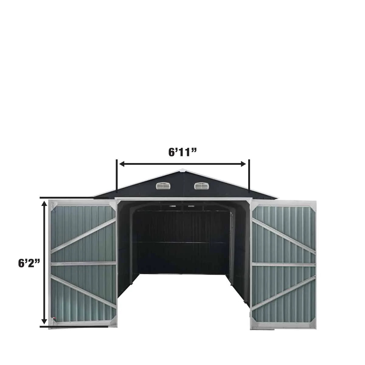 New 10’ x 20’ Metal Garage Shed with Double Front Doors, 7’8” Peak Height, Side Entry Door, 185 Sq-Ft Floor Space