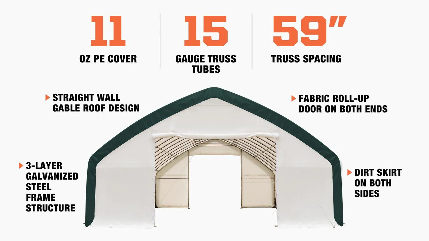 New 30' x 50' Straight Wall Peak Ceiling Storage Shelter with Heavy Duty 11 oz PE Cover & Drive Through Doors