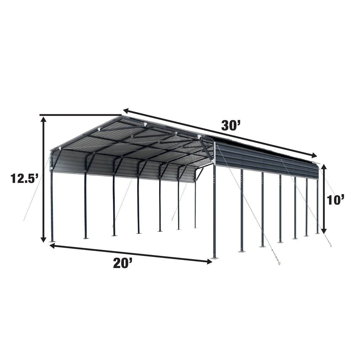 New 20’ x 30’ Metal Shed Carport, 10’ Open Sidewalls, 600 Sq-Ft, 27 GA Corrugated Panels