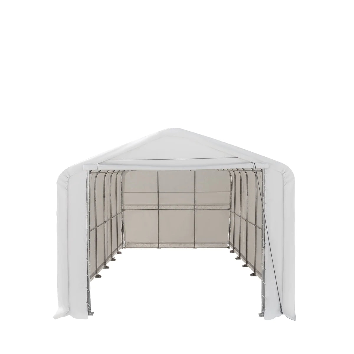 New 18’ x 30’ RV/Motorhome Storage Shelter, 17 oz PVC Fabric Cover, Front Roll-Up Door, Enclosed Rear Wall, 3-Layer Galvanized Steel Frame, 13’ Straight Sidewalls