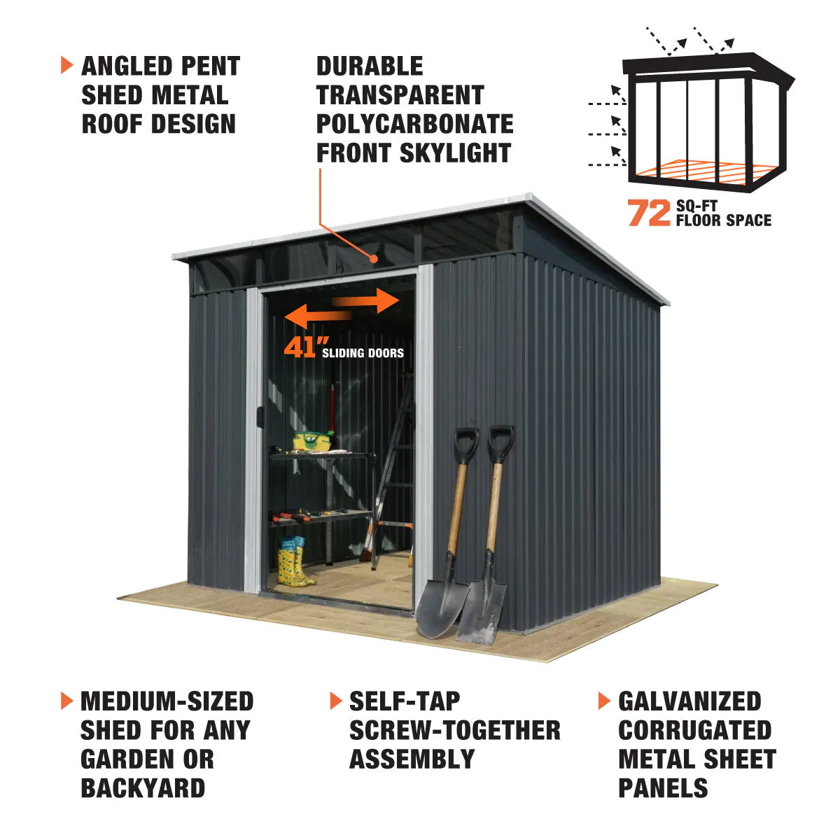 New 8’ x 9’ Galvanized Metal Pent Shed w/Skylight, 41” Sliding Door, 29 GA Corrugated Metal, 80” Peak Ceiling