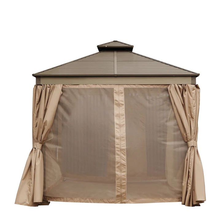 New 10’ x 10’ Hardtop, Double Tier Steel Roof Patio Gazebo, Mosquito Nets & Curtains Included