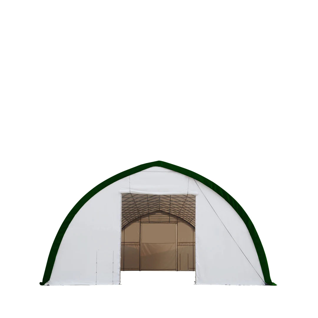 New 40' x 80' Peak Ceiling Storage Shelter, Single Truss, 11oz PE Cover, 13' W x 16' H Wide Open Door on Two End Walls