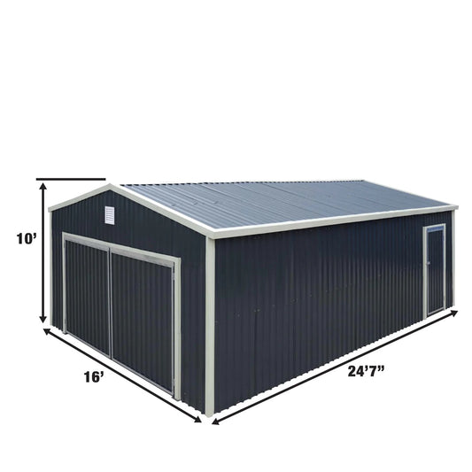 New 16’ x 24’ Metal Garage Shed with Double Front Doors, 10’ Peak Height, Side Entry Door, 384 Sq-Ft Floor Space