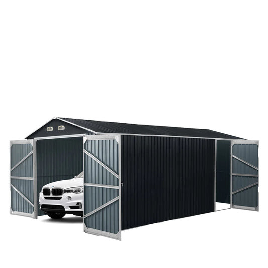 New 13’ x 20’ Metal Garage Shed with Double Front Doors, 7’9” Peak Height, Side Entry Door, 240 Sq-Ft Floor Space