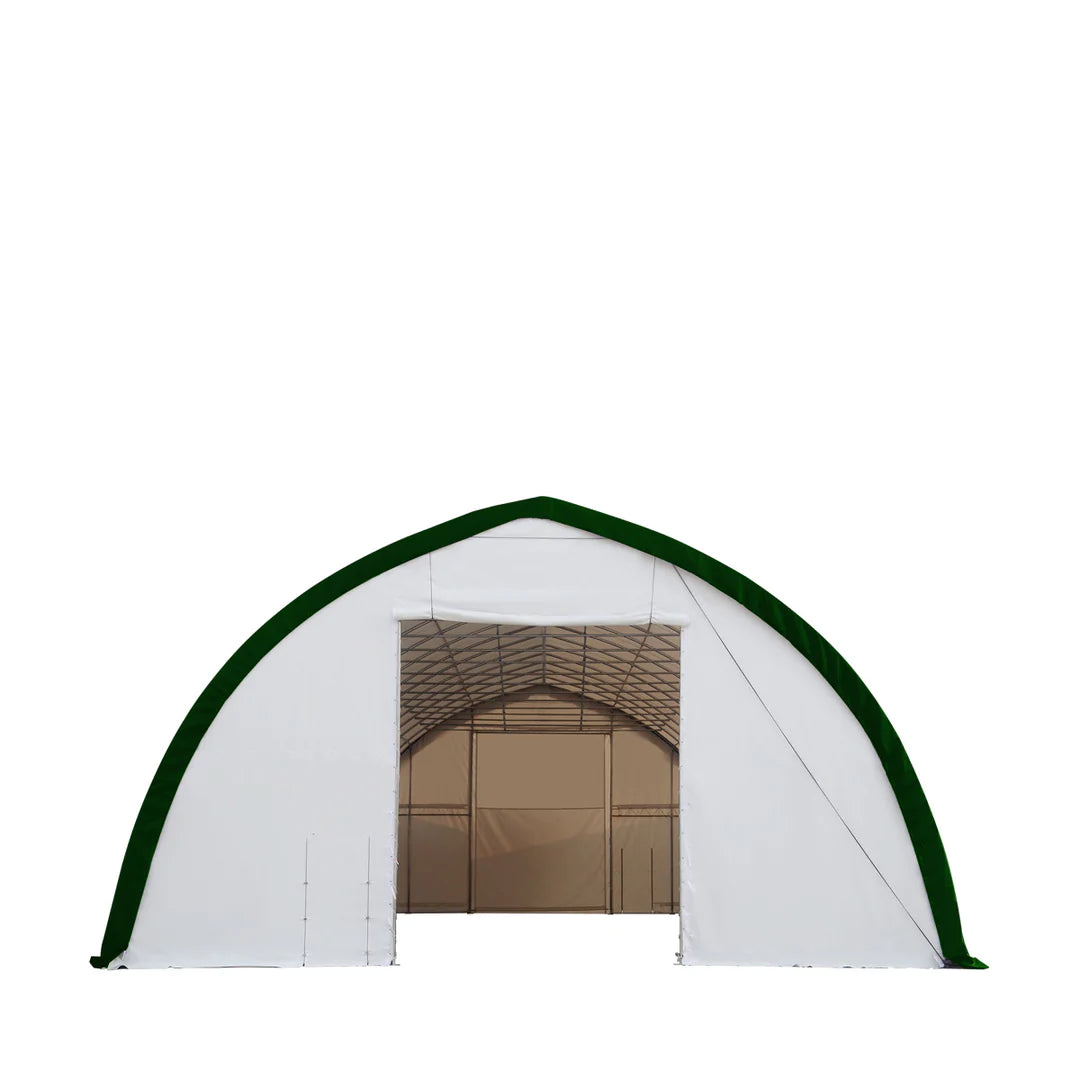 New 40' x 60' Peak Ceiling Storage Shelter, Single Truss, 11oz PE Cover, 13' W x 16' H Wide Open Door on Two End Walls