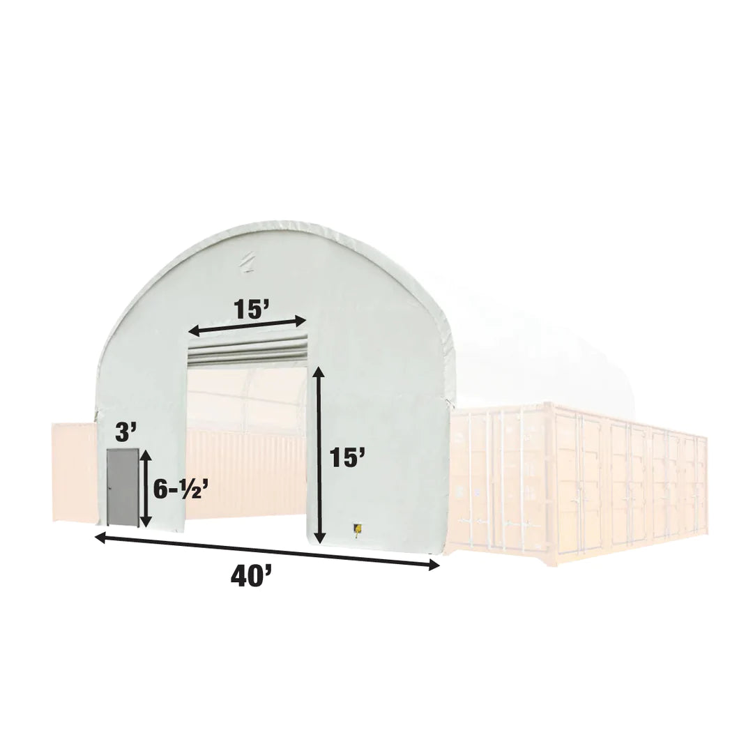 New Front & Back End Wall Kit, Custom Cut for Dual Truss 40’ Container Shelter, Front Winch Roll-up Door, Steel Man Door, 21 oz PVC