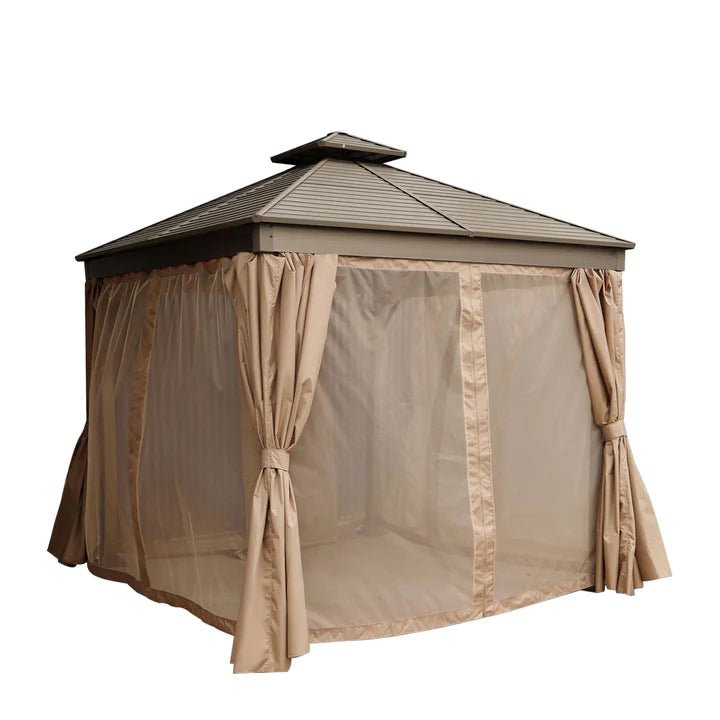 New 10’ x 10’ Hardtop, Double Tier Steel Roof Patio Gazebo, Mosquito Nets & Curtains Included