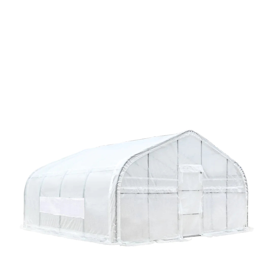 New 20’ x 20’ Tunnel Greenhouse Grow Tent w/12 Mil Ripstop Leno Mesh Cover, Cold Frame, Roll-up Windows, Peak Ceiling Roof