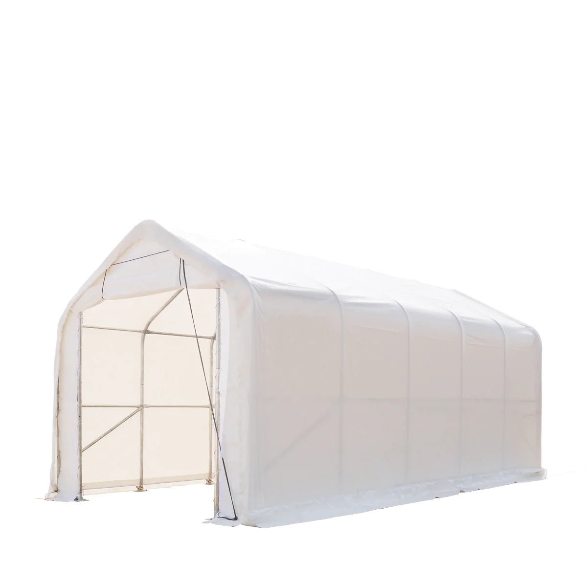 New 15’ x 25’ RV/Motorhome Storage Shelter, 17 oz PVC Fabric Cover, Front Roll-Up Door, Enclosed Rear Wall, 3-Layer Galvanized Steel Frame, 10’ Straight Sidewalls