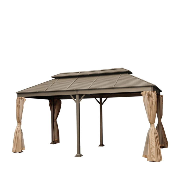 New 10’ x 20’ Hardtop, Double Tier Steel Roof Patio Gazebo, Mosquito Nets & Curtains Included