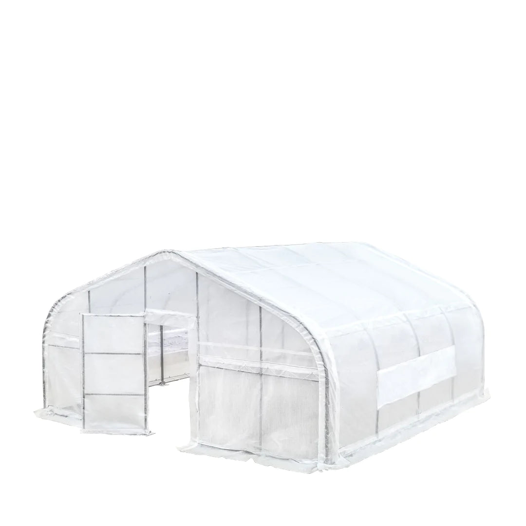 New 20’ x 20’ Tunnel Greenhouse Grow Tent w/12 Mil Ripstop Leno Mesh Cover, Cold Frame, Roll-up Windows, Peak Ceiling Roof